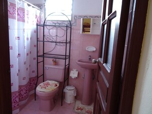 Ein kleines Badezimmer mit Toilette in Rosa, einem Waschbecken, einer Ablage und einer Duschvorhang.