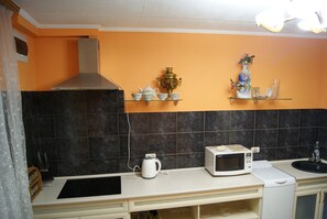 Basic Apartment, 1 Queen Bed with Sofa bed, Non Smoking | Private kitchen | Full-sized fridge, microwave, oven, stovetop