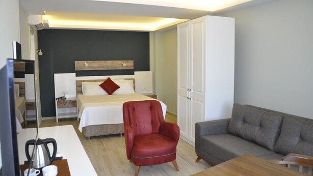 Une chambre d’hôtel moderne avec un lit, un fauteuil rouge, un canapé gris, une table basse en bois et un téléviseur.