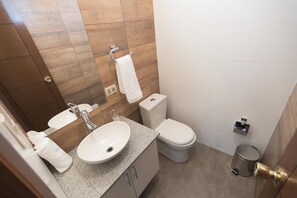 A bathroom with a sink, toilet, and a trash can.