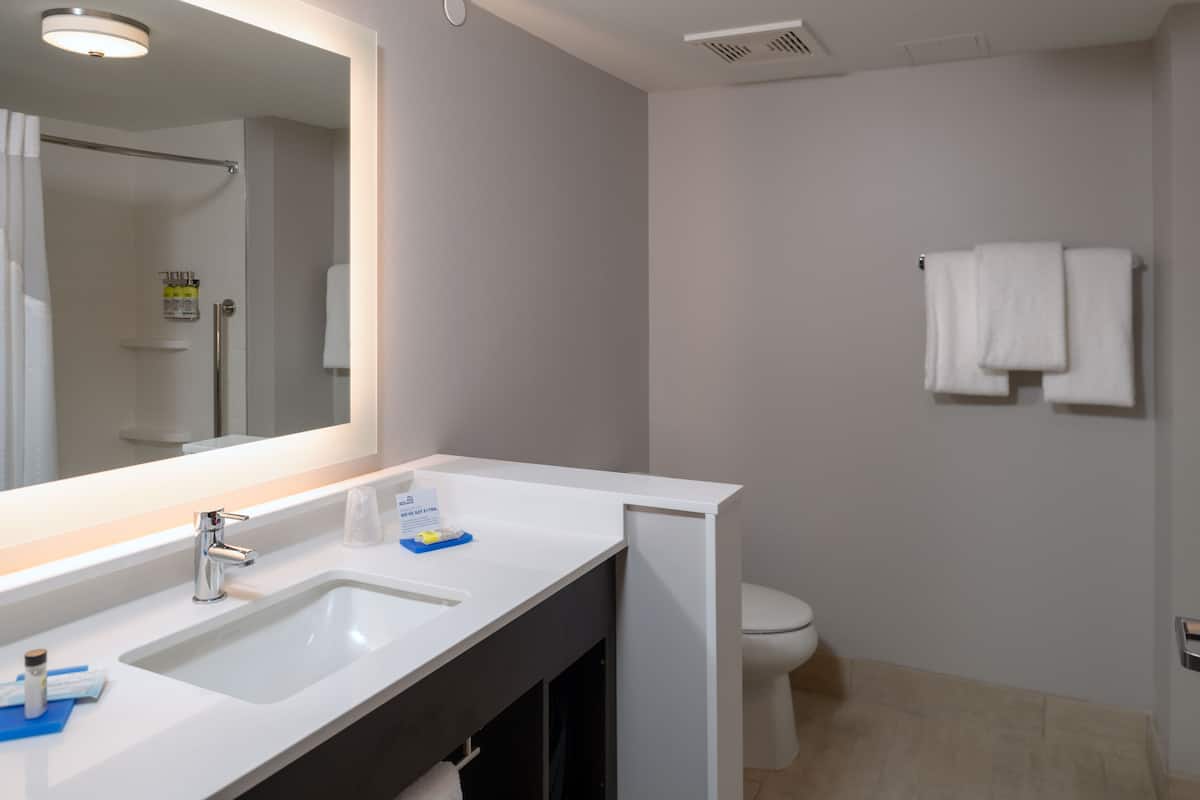 A modern bathroom with a large mirror, two sinks, a toilet, and a towel rack.