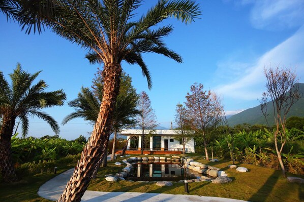 A modern house with a pool, surrounded by tropical vegetation and mountains in the background.