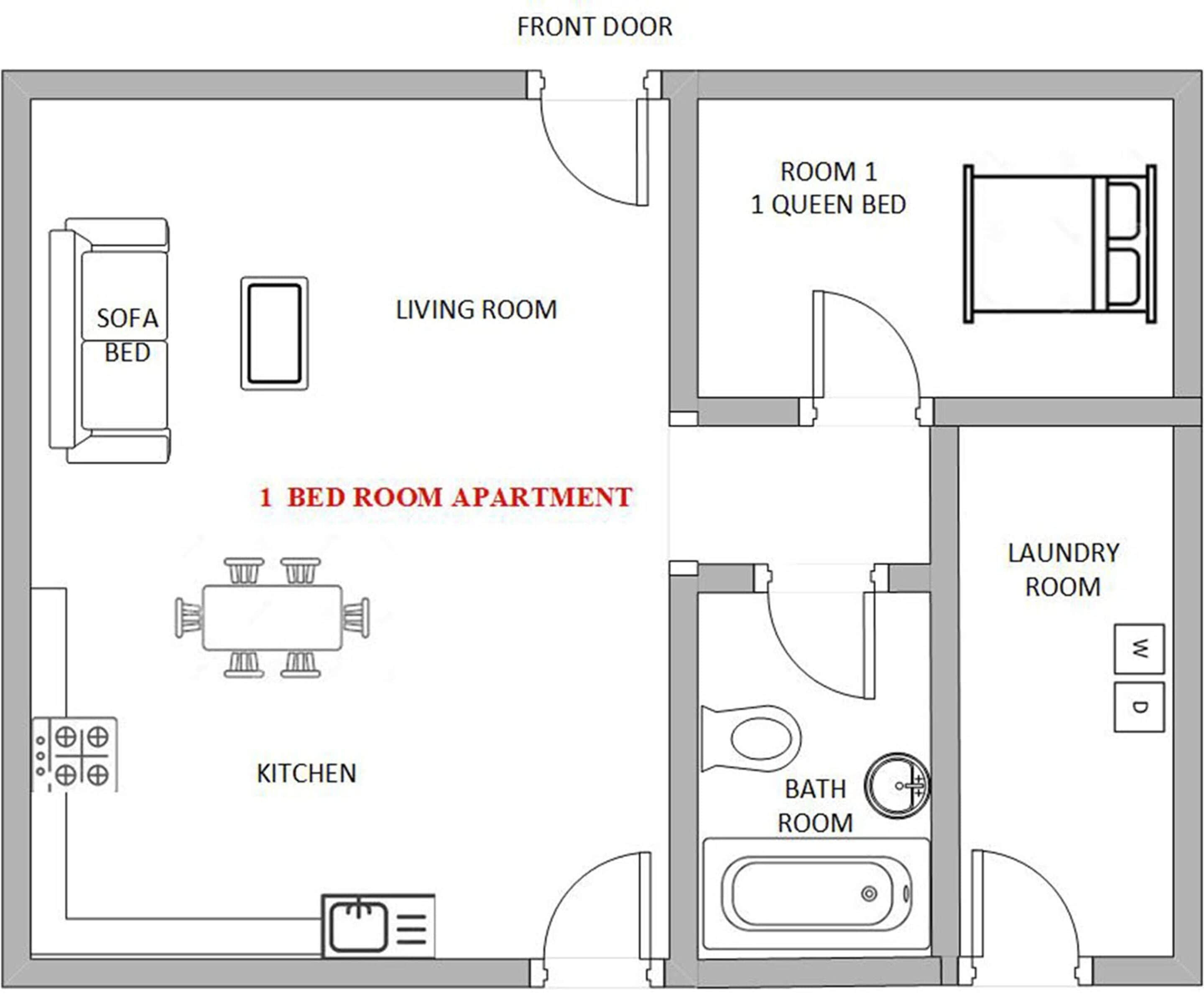A 1-bedroom apartment layout with a living room, kitchen, bathroom, and a queen bed in Room 1.