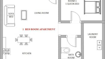A 1-bedroom apartment layout with a living room, kitchen, bathroom, and a queen bed in Room 1.