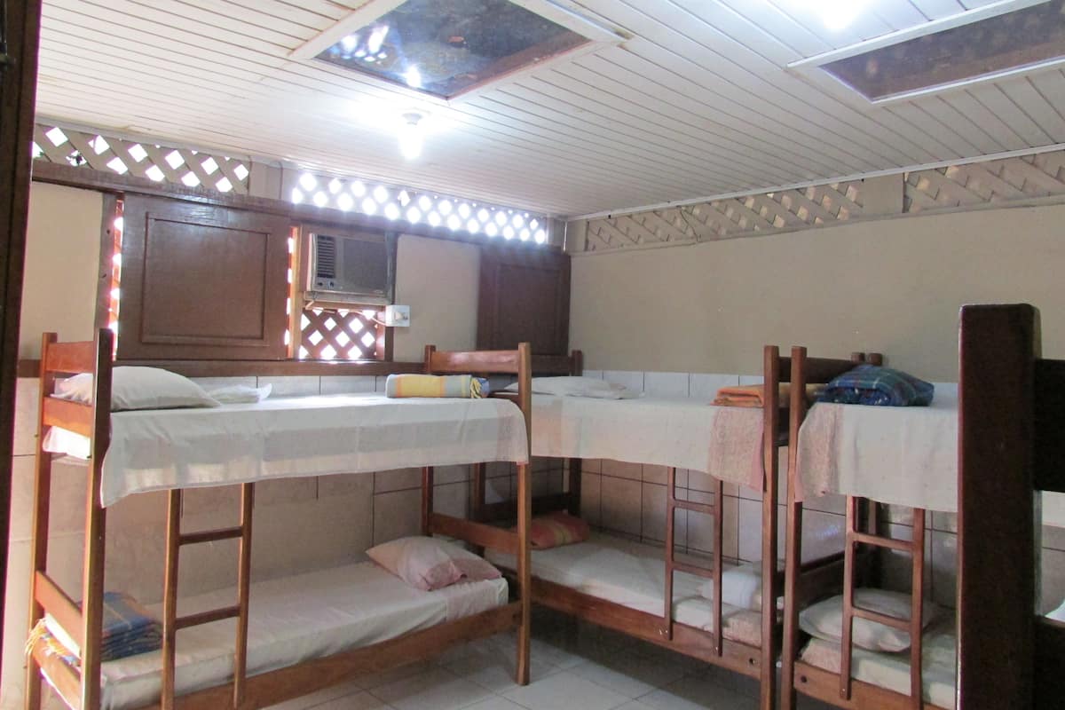 Un dormitorio con literas, una ventana con diseño de celosía y un ventilador de techo.