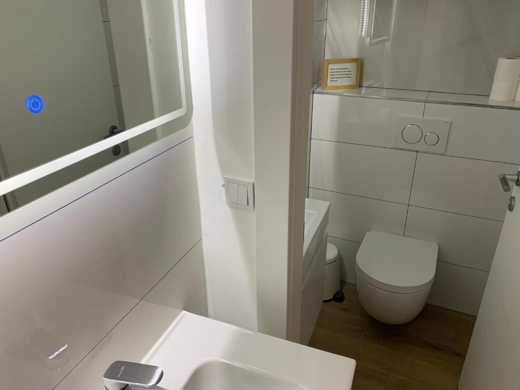 A compact bathroom with a white sink, a mirror, and a toilet.