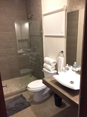 A modern bathroom with a glass-enclosed shower, a white toilet, and a wooden vanity with a sink.