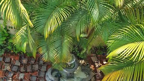 A rooftop garden with a central fountain surrounded by lounge chairs and potted plants. - Posada San Sebastian (Antigua Guatemala)