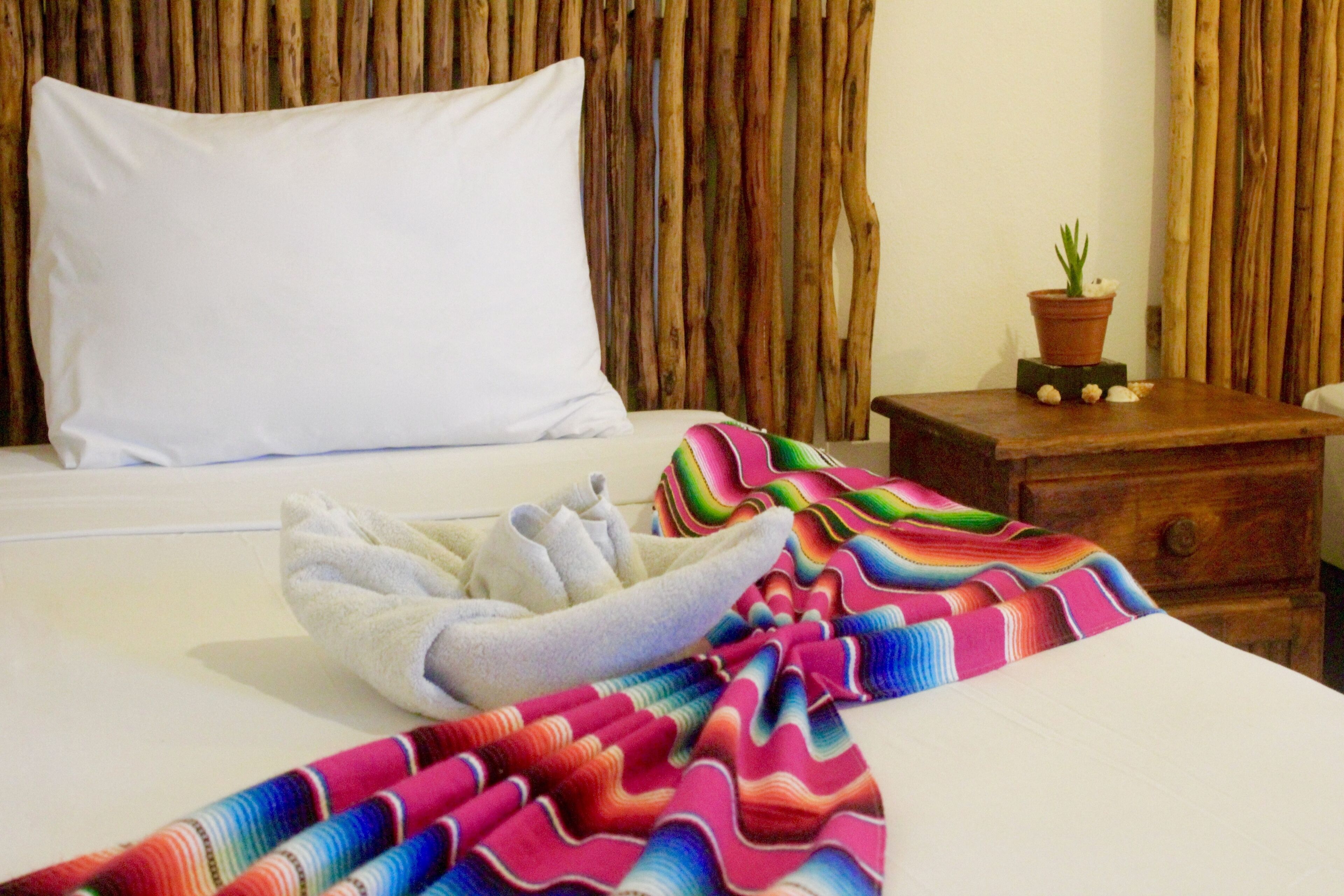 A hotel room with a bed, a white pillow, a colorful blanket, a wooden nightstand with a potted plant, and a wooden headboard.