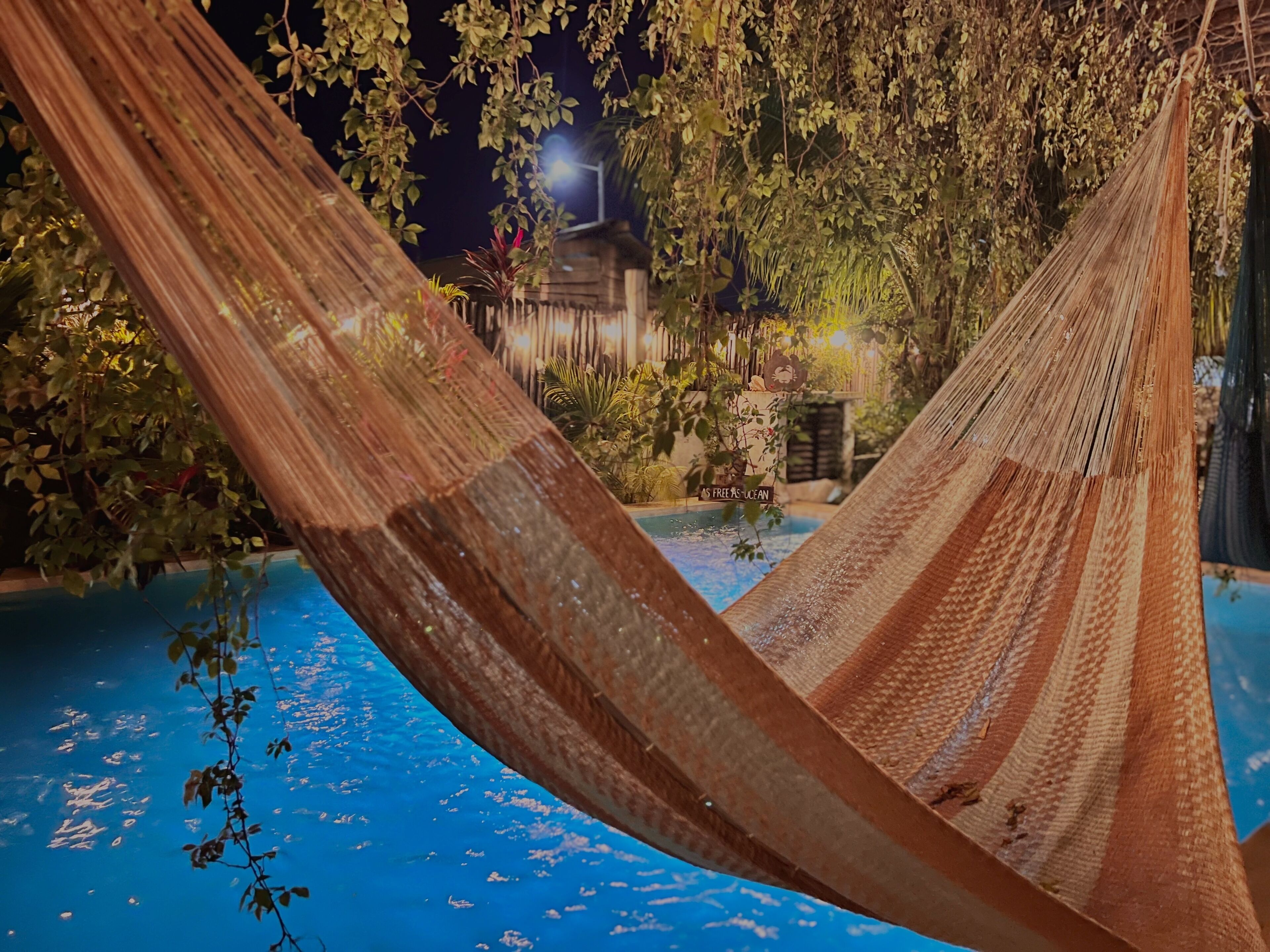Eine Hängematte über einem Pool, bei Nacht, umgeben von viel Grün und einem Schild mit der Aufschrift 'AS FREE AS OCEAN'.