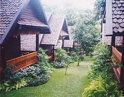 A row of traditional-style buildings with thatched roofs and wooden railings, surrounded by lush greenery and a well-maintained lawn.