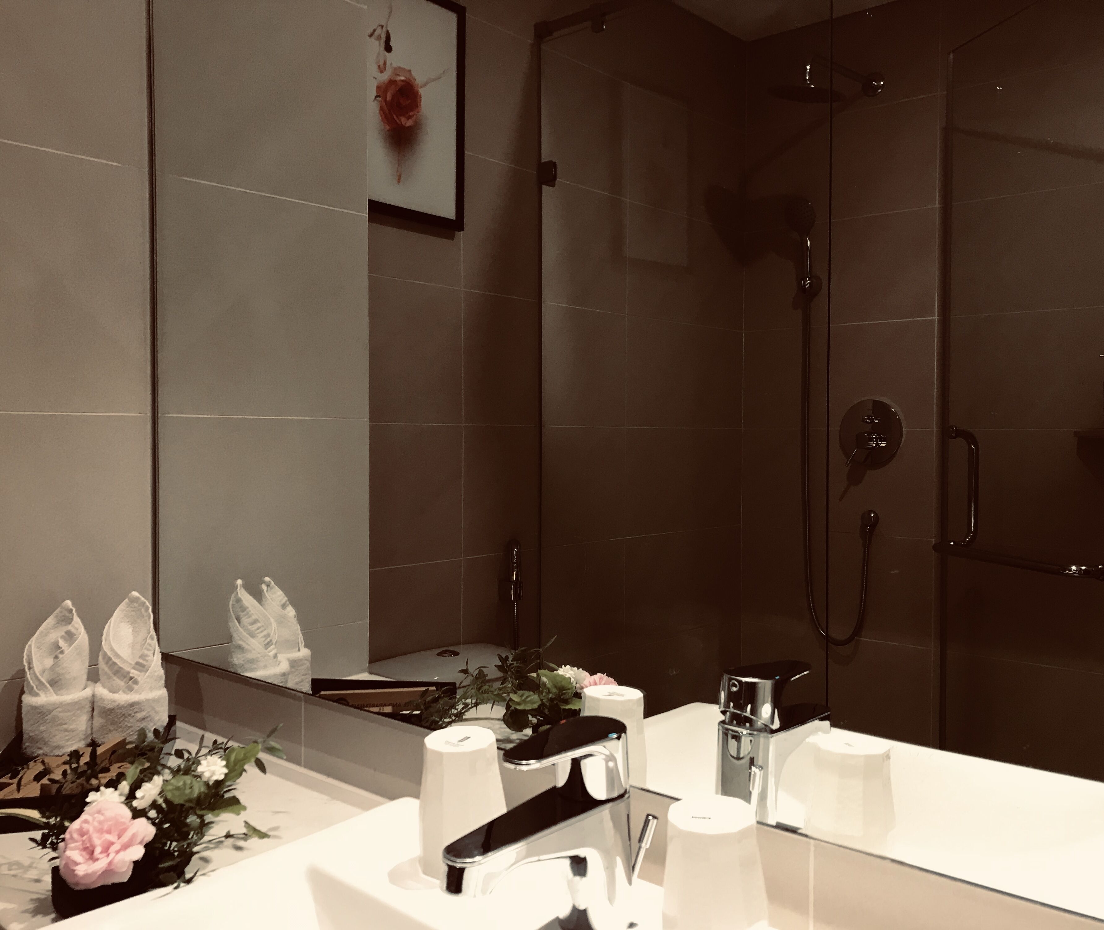 peaceful apartment | bathroom | shower, rainfall showerhead, free toiletries, hair dryer
