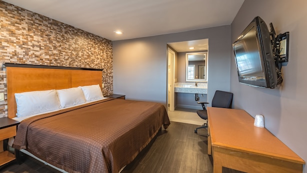 Une chambre d’hôtel avec un grand lit, un bureau, une chaise, une télévision et une salle de bain équipée d’un miroir et d’un lavabo.