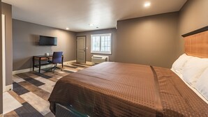 Une chambre à coucher avec un lit, un bureau avec une chaise, une télévision et une fenêtre.