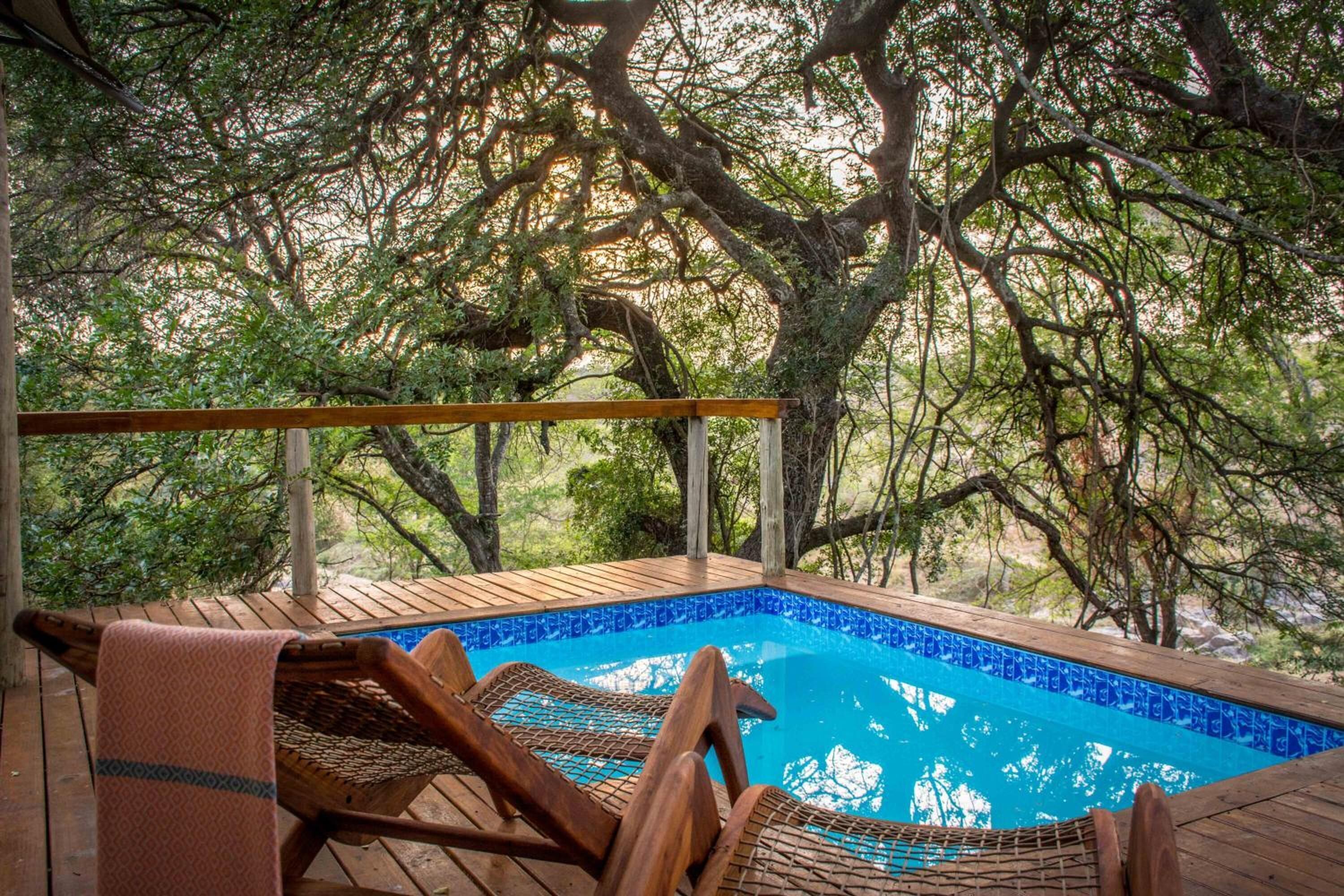 A wooden deck with a pool, surrounded by trees.