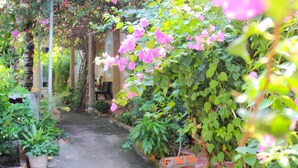 Un sendero en un jardín rodeado de abundante vegetación y plantas en flor.