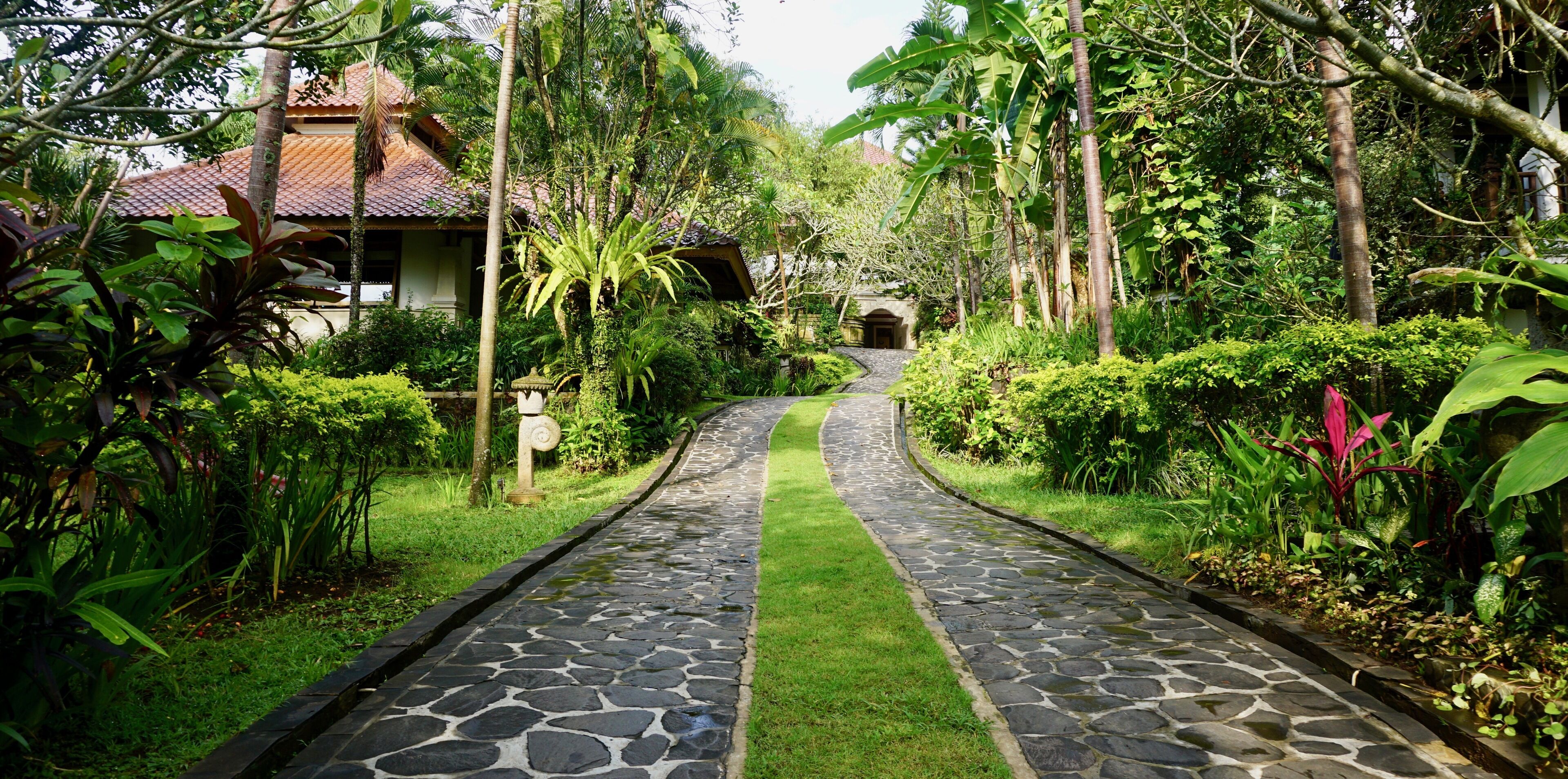 Un chemin de pierre mène à un bâtiment traditionnel doté d’un toit en tuiles, entouré d’une végétation luxuriante et de plantes tropicales.