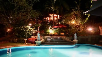 Outdoor pool, pool umbrellas, pool loungers