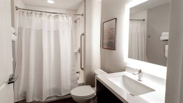 A bathroom with a shower, toilet, sink, and a mirror.