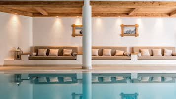 Indoor pool, open 8 AM to 8 PM, pool loungers
