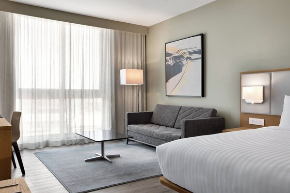 Habitación de hotel con cama, sofá, escritorio y silla. Se aprecia una ventana con cortinas, una lámpara y un cuadro en la pared.