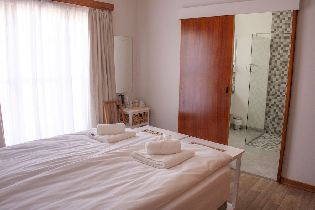 Een hotelkamer met twee bedden, een houten garderobe, een badkamer met een douchecabine van glas en een grote spiegel.
