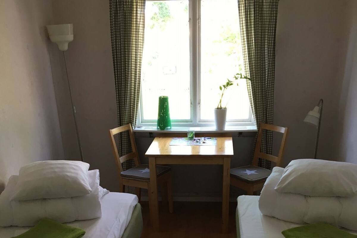 A room with two beds, a table, chairs, a window with curtains, a lamp, and a plant.