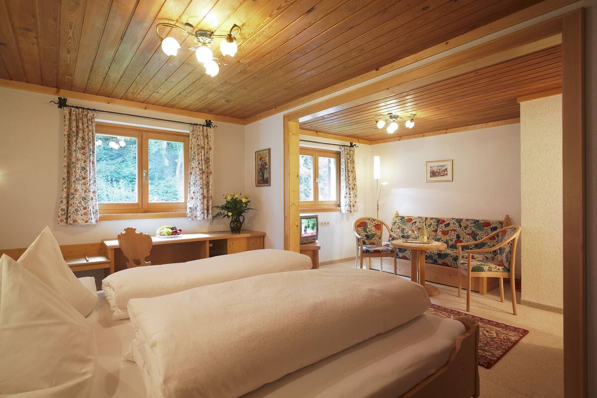 A cozy room with two beds, a desk, a chair, and a sofa.