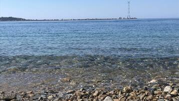 On distingue clairement un rivage rocheux, une mer calme et, au loin, une tour de ligne à haute tension.