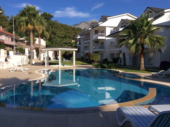 Seasonal outdoor pool, sun loungers