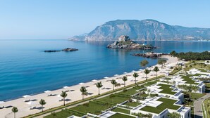 A coastal resort with a beach, palm trees, and a mountain in the background.