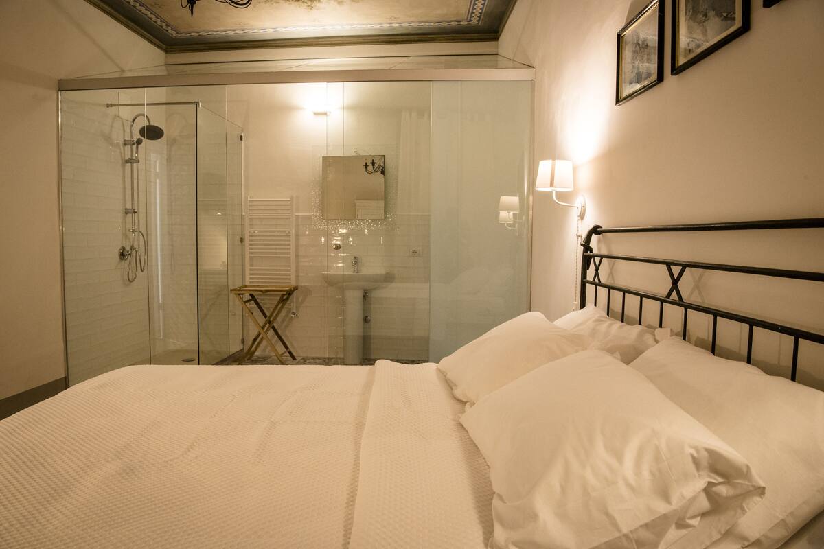 A hotel room with a bed, a glass-enclosed shower, a sink, and a mirror.