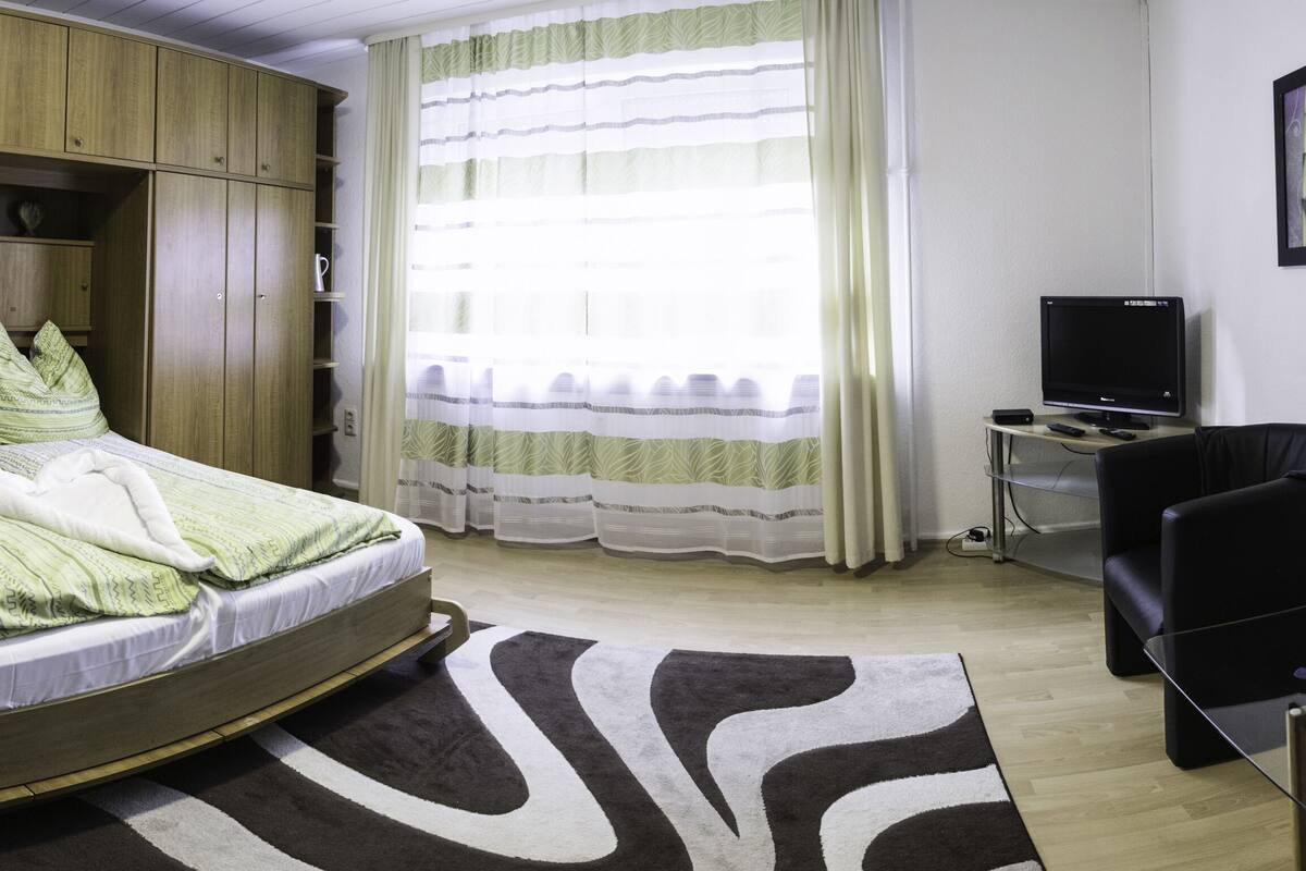 Un dormitorio con una cama, un armario de madera, un televisor y un escritorio.