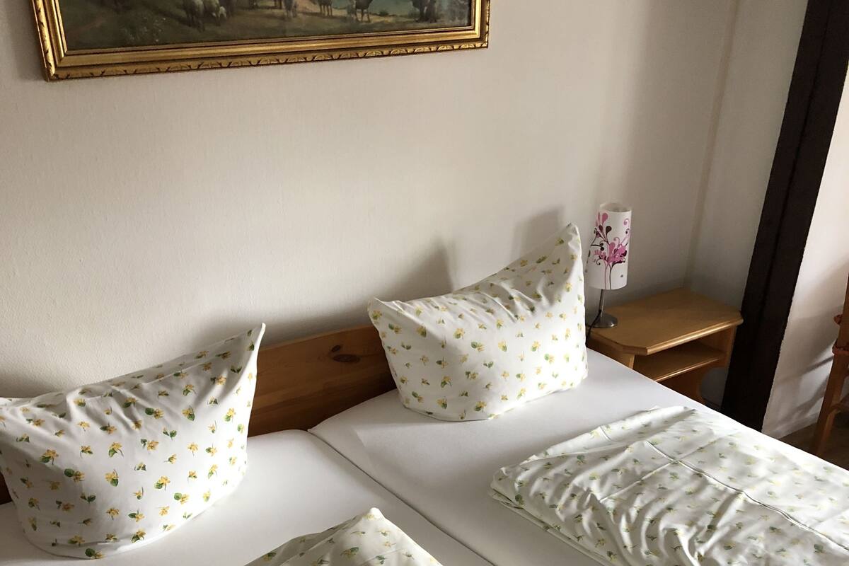 A double bed with floral-patterned bedding and pillows, a wooden headboard, a small bedside table with a lamp, and a framed painting on the wall.