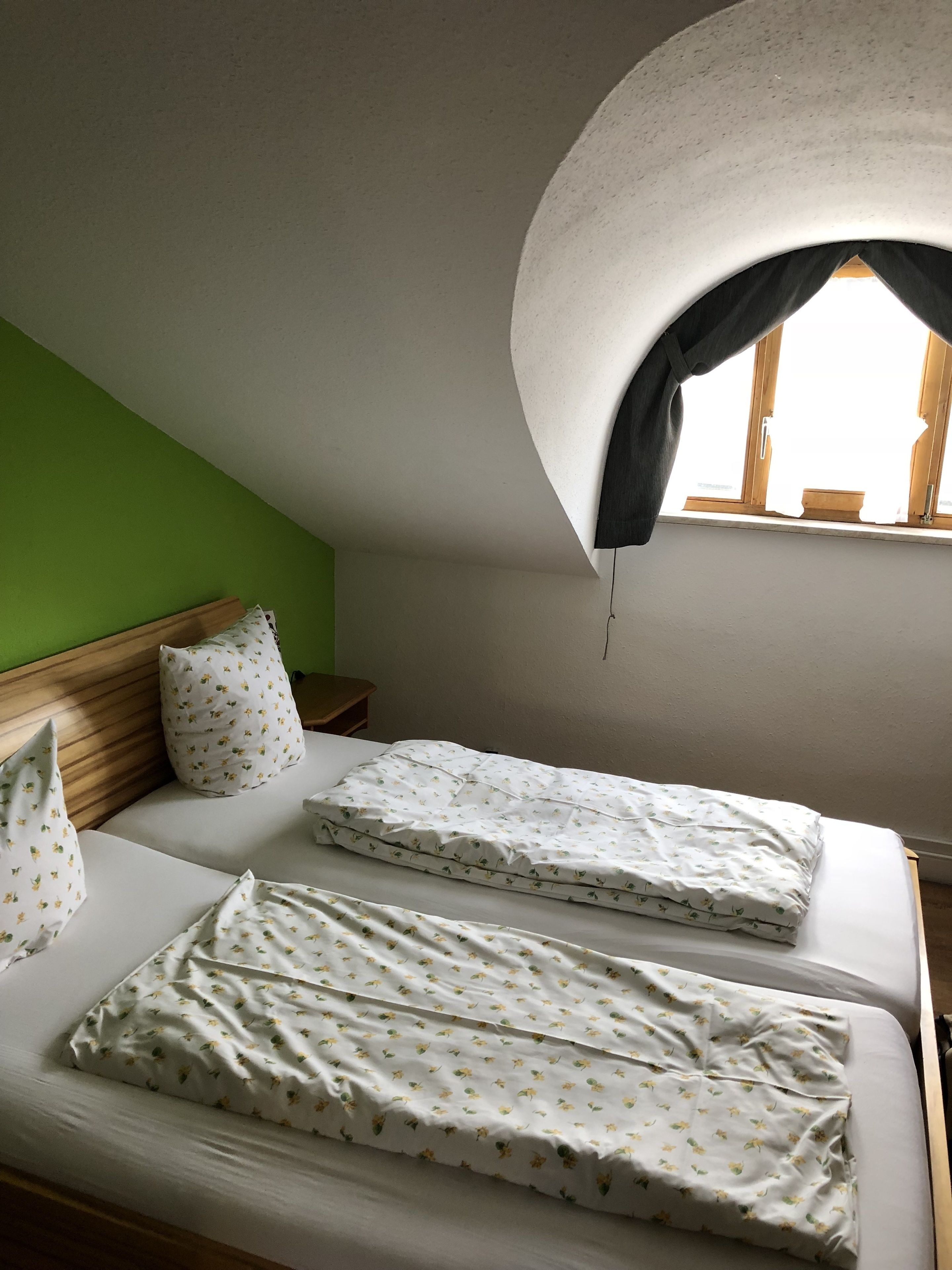 Un dormitorio con dos camas, cabeceros de madera, pared verde y ventana con toldo blanco.