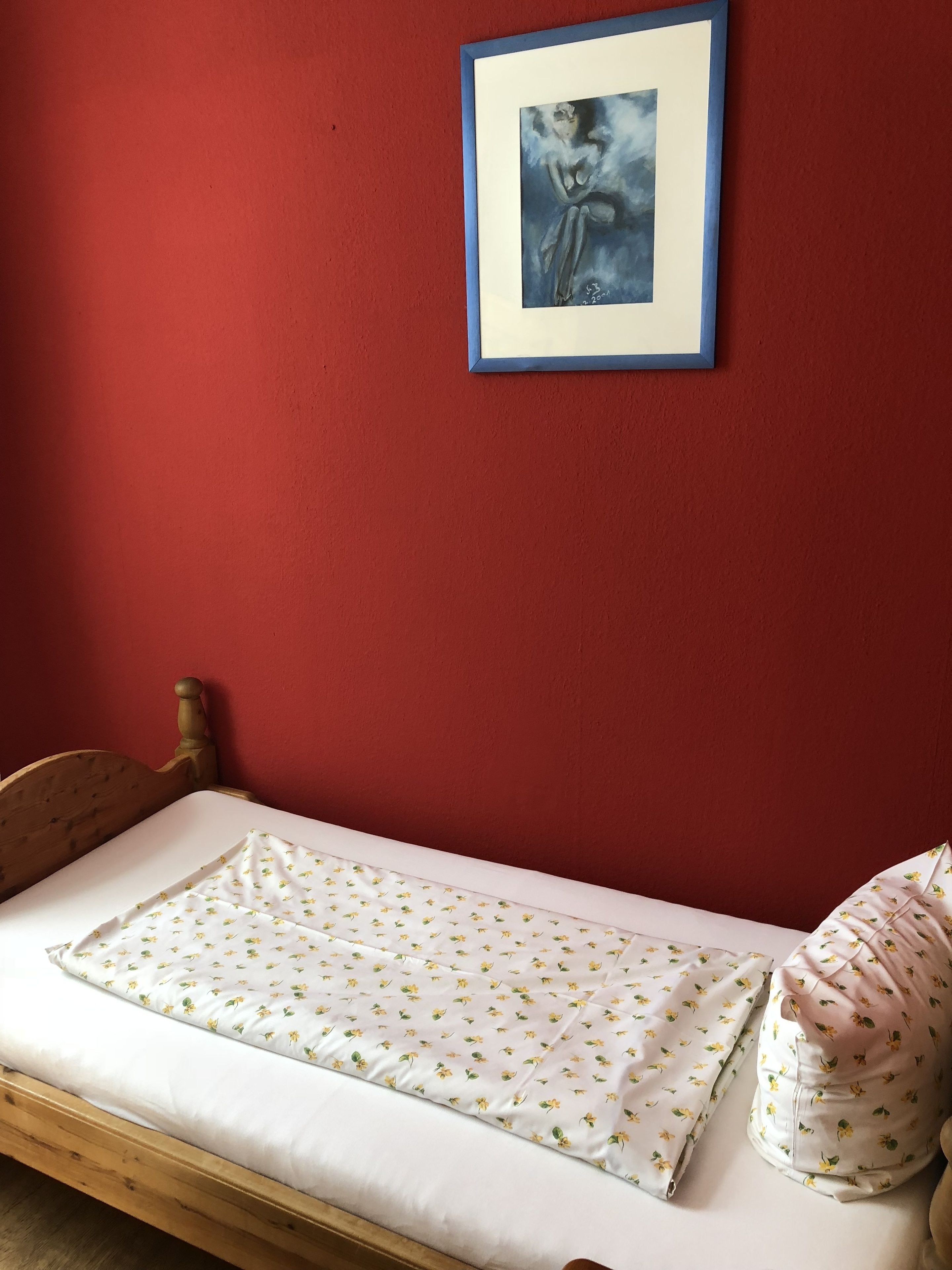Ein kleines Bett mit einem blumigen Bettbezug und einem Kopfkissen, vor einer roten Wand mit einem gerahmten Kunstwerk darüber.