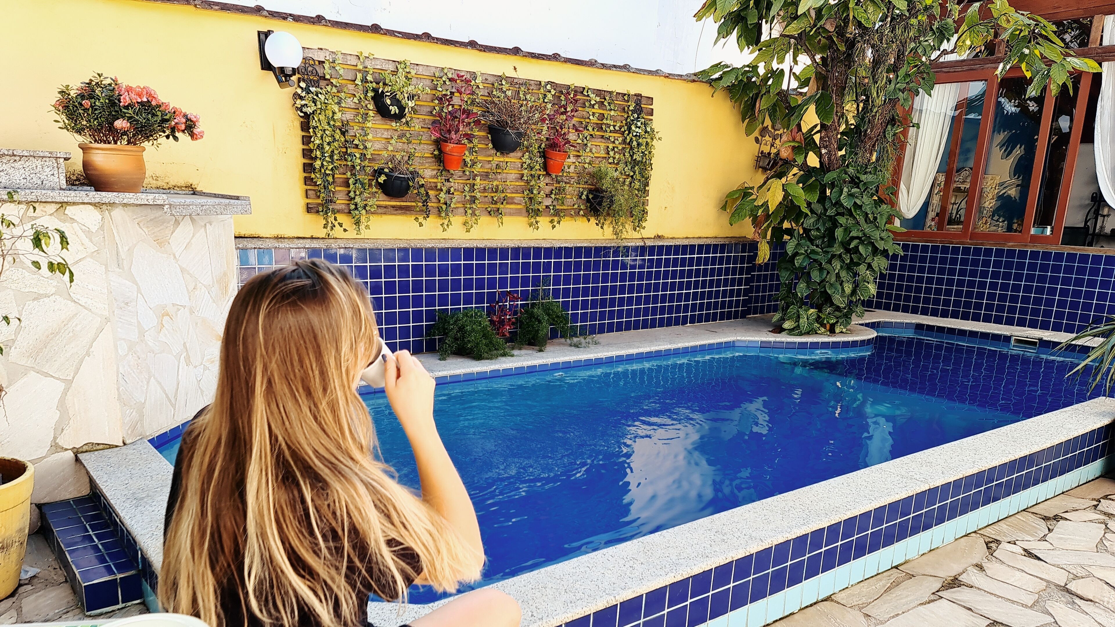 En swimmingpool med en kant av kakel, omgiven av en mur av sten och planterade blommor i krukor.