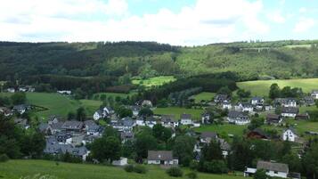 Un village rural dont les maisons sont entourées de champs verdoyants et de collines boisées.