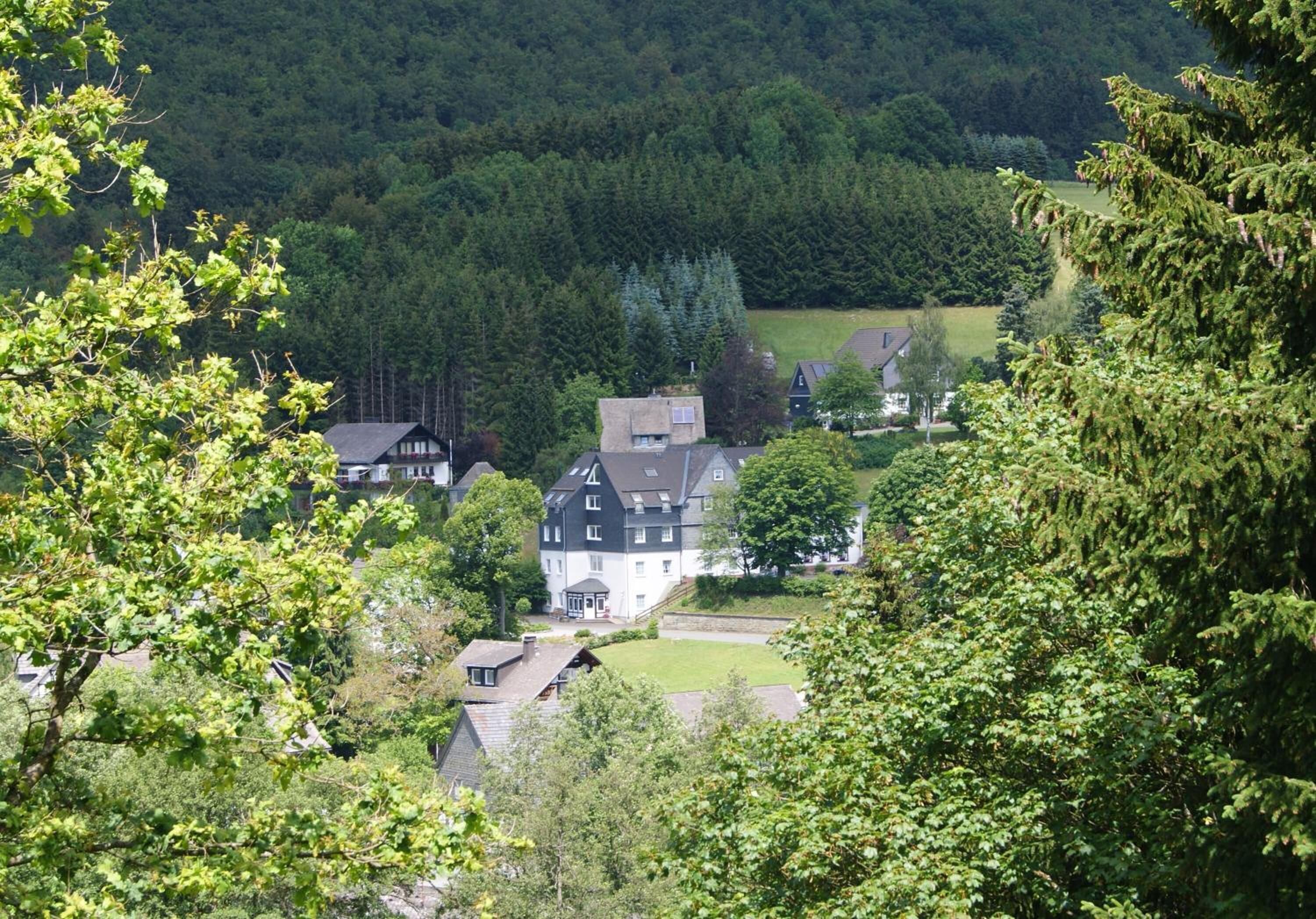 A large house with a well-maintained lawn and a small pond in the background.