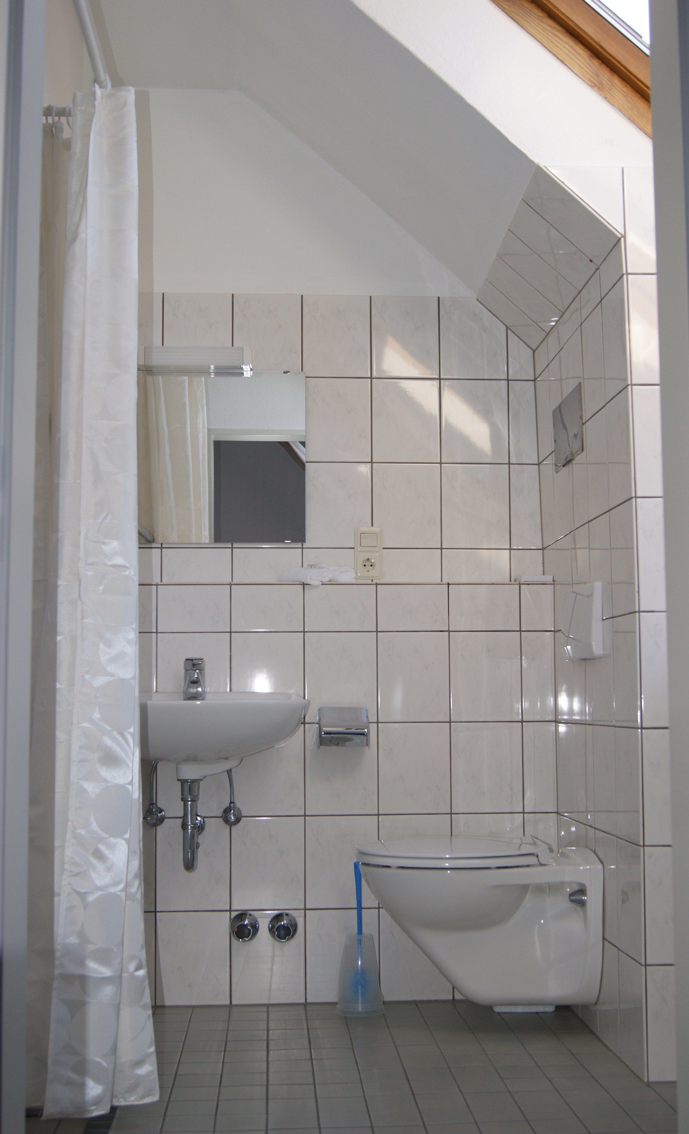 A bathroom with a sink, toilet, and shower curtain.