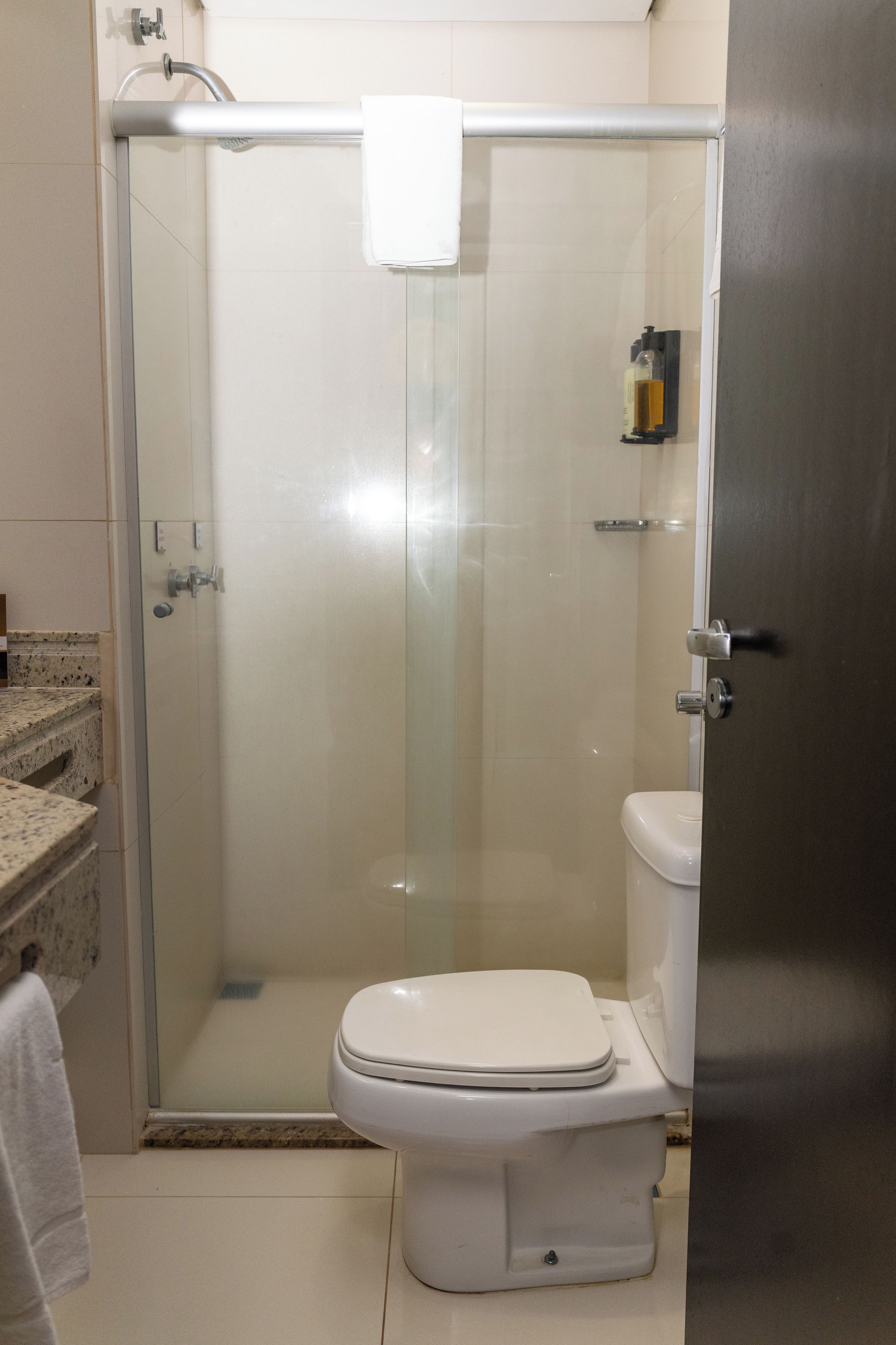 Une salle de bain dotée d’une douche à parois de verre, de toilettes et d’un lavabo avec un plan de travail en marbre.