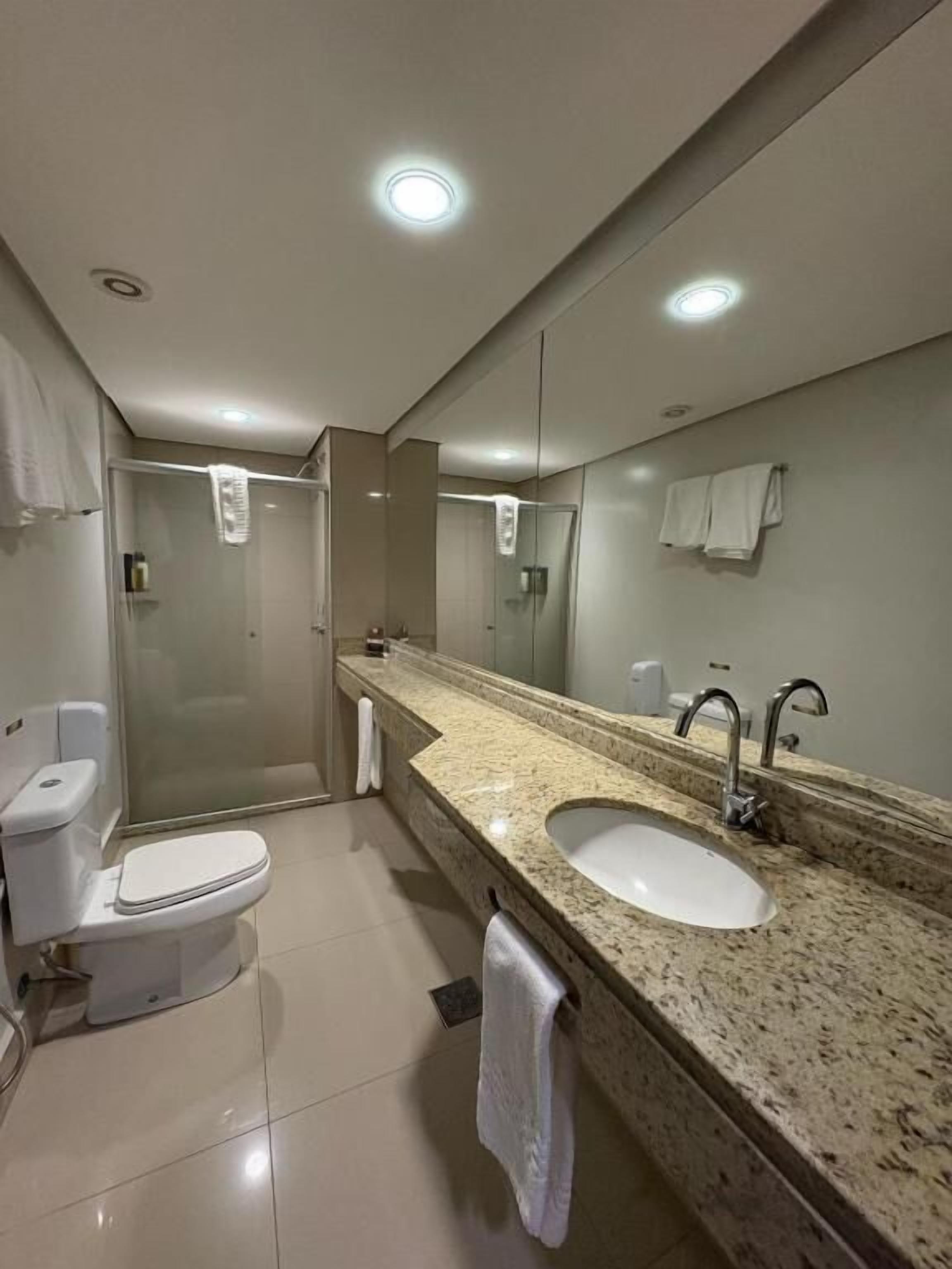 Un baño moderno con un espejo grande, un lavamanos y un inodoro.