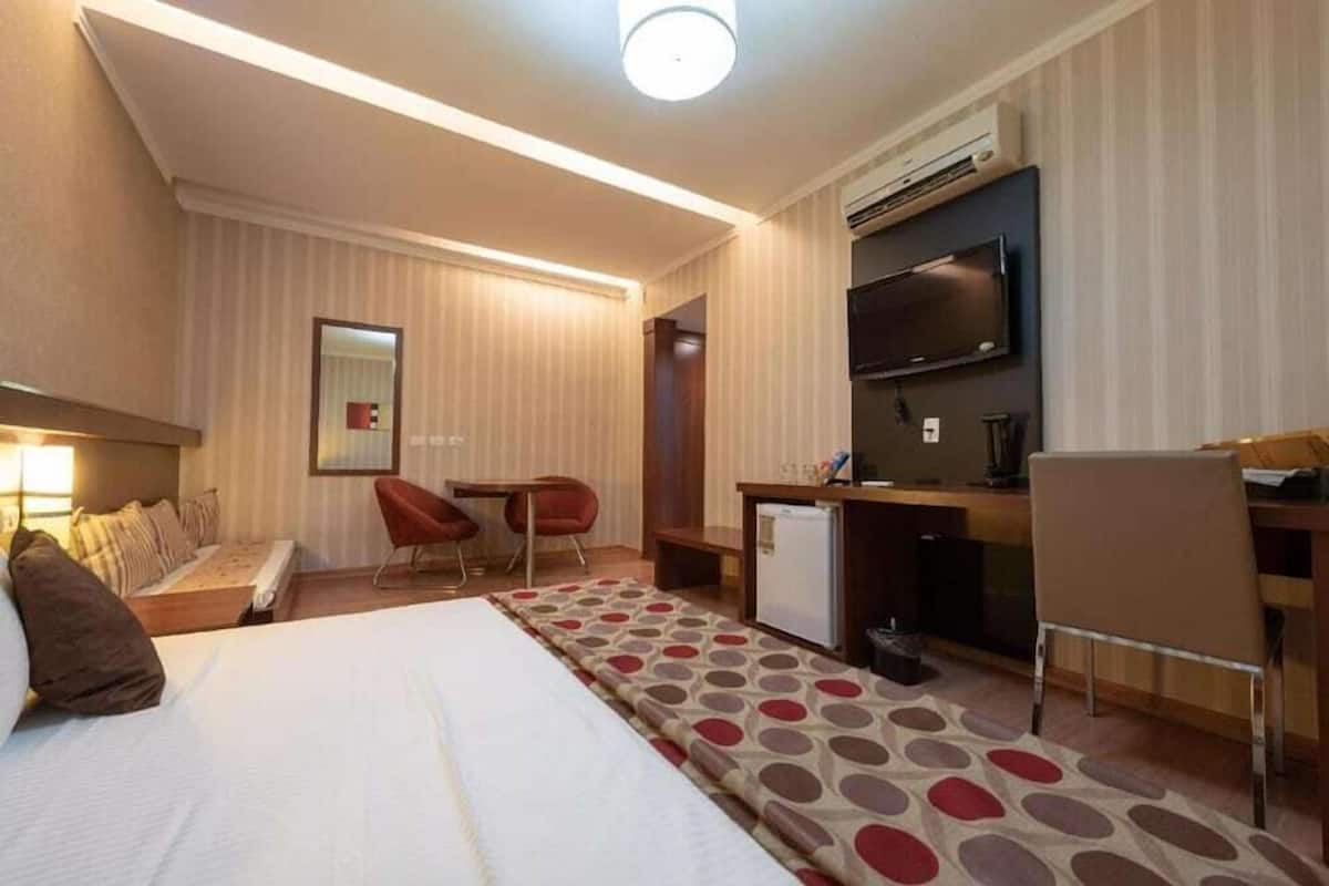 A hotel room with a bed, a desk, a TV, a chair, and a small refrigerator.