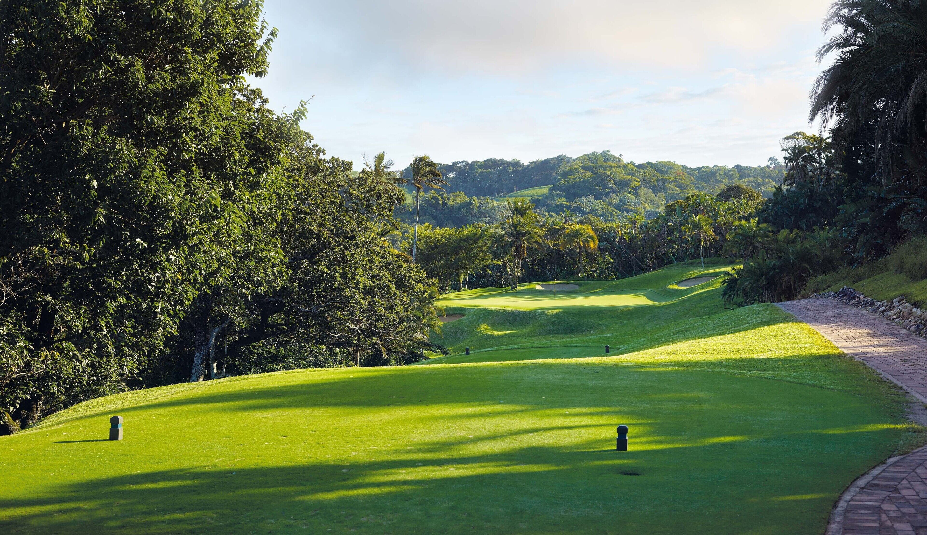 Un campo de golf con un green bien cuidado, un sendero de piedra y vegetación densa al fondo.