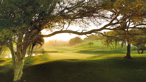 A golf course with a water body, trees, and a sunrise or sunset. - San Lameer Villa Rentals 3311 (Southbroom)