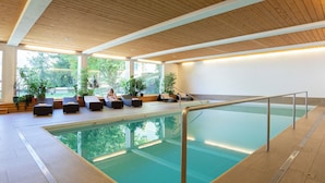 Piscina interna com teto de madeira, área de estar com almofadas e plantas em vasos.