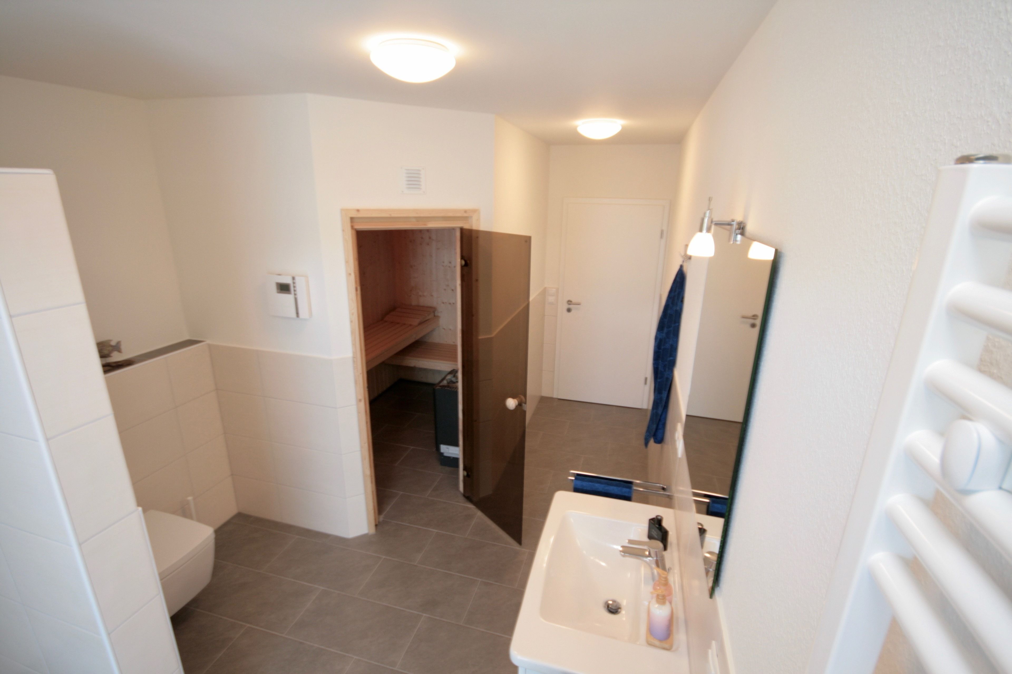 Bagno con WC, lavabo e specchio. Si vede anche un appendi asciugamani e la doccia.
