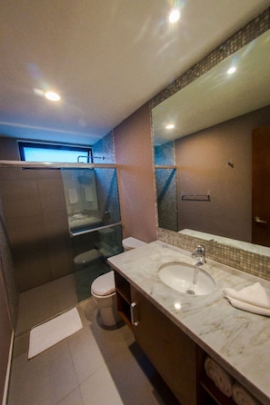 Een moderne badkamer met een glazen douchecabine, een wastafel met spiegel en een toilet.