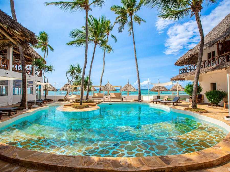 Outdoor pool, pool umbrellas, sun loungers