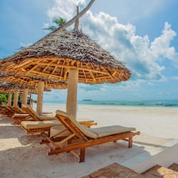 Trên bãi biển, cát trắng, ghế dài tắm nắng, dù trên bãi biển